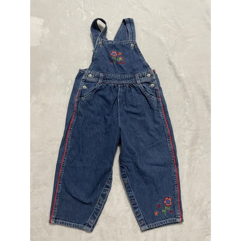 Oshkosh B'gosh Denim Jean Floral Overalls Size 3T Embroidered Cotton Vestbak